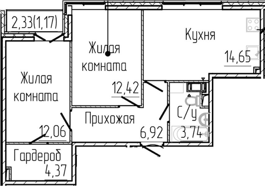 2-комнатная квартира 55.33 м², 8/8 эт., ЖК «SERTOLOVO PARK»